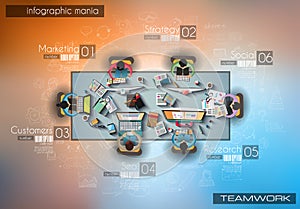 Infograph background template with a temworking brainstorming table with infographic design elements