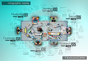 Infograph background template with a temworking brainstorming table with infographic design elements photo