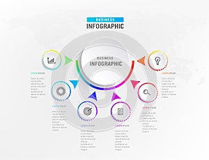 Infograph 6 steps element, diagram process with centre circle. Graphic chart diagram, business timeline graphic design