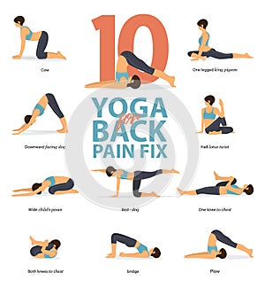 Infographic of 10 Yoga poses for back pain relieve in flat design. Beauty woman is doing exercise for back strength. Vector.