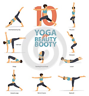 Infographic of 10 Yoga poses for Beauty booty in flat design. Beauty woman is doing exercise for booty blaster. Vector.