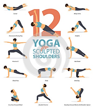 Infographic of 12 Yoga poses for sculpted shoulders in flat design. Beauty woman is doing exercise for body stretching. Vector.