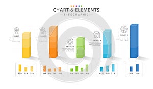 Infographic 5 Steps 3D Bar Chart diagram with layered block levels.