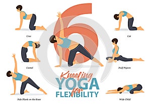 Infographic of 6 Kneeling Yoga poses for Easy yoga at home in concept of flexibility in flat design.