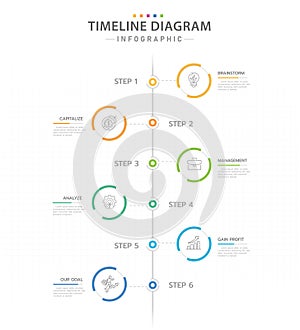 Infographic 6 Steps Modern Timeline diagram calendar with vertical topics and circles.