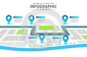 Infographic 6 Steps Modern Timeline diagram with city roadmap concept.