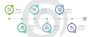 Infographic 6 Steps Modern Timeline diagram with roadmap and circle topic charts, vector infographic