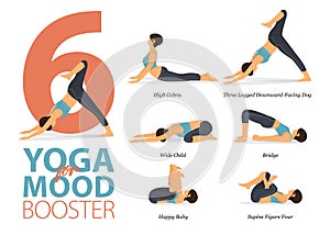 Infographic of 6 Yoga poses for yoga at home in concept of mood booster in flat design. Woman exercising for body stretching.