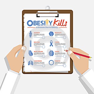 Infographic for 8 Diseases due to obesity in flat design. Doctorâ€™s hand holding clipboard. Medical and healthcare report.