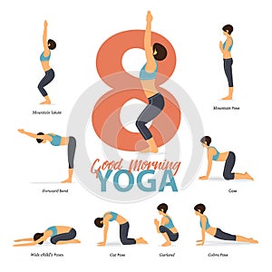 Infographic of 8 Yoga poses for after wake up in flat design. Beauty woman is doing exercise for body stretching. Vector