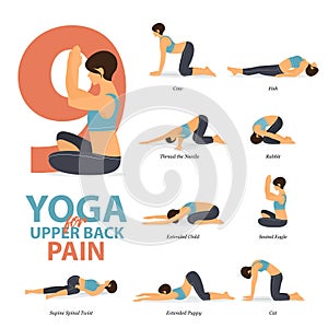 Infographic of 9 Yoga poses for upper back pains in flat design. Beauty woman is doing exercise for body stretching. Vector.