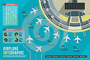 Airport infographic set vector, design building, icon graphic transport, airline chart modern, landscape, airplane presentation di