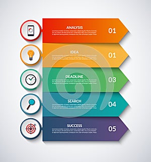 Infographic arrows with circular design elements. Vector layout template of 5 steps, options.