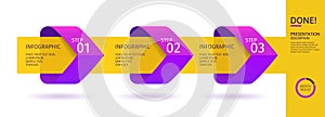 Infographic arrows with 3 step up options. Vector template in cold purple and plue gradient design style.