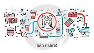 Infographic Bad Habits concept, modern flat thin line vector illustration