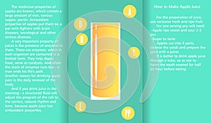 Infographic about the beneficial properties of apple juice and a method of preparing juice.