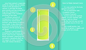 Infographic about the beneficial properties of spinach juice and a method of preparing juice.