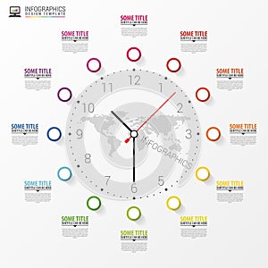 Infographic. Business Clock. Colorful circle with icons. Vector photo