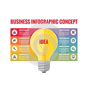 Infographic business concept - creative idea illustration - vector yellow lamp and colored stripes with icons.