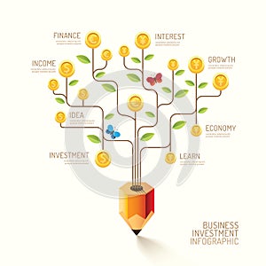 Infographic business pencil tree and coins flat line idea. Vecto