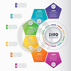 Infographic or Business presentation with 6 options. Vector dynamic infographics of technology or education process. Web Template