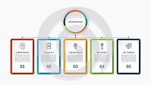 Infographic chart of 5 tabs, options, bars.