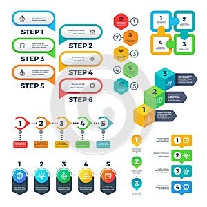 Infographic charts. Bar graphs, steps and options elements, flowchart diagrams and timeline. Useful vector set