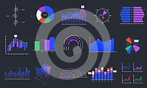 Infographic charts. Colorful data graphs, statistics dashboard chart and analytic presentation graph vector set