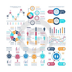 Infographic charts. Infochart elements, marketing chart and graphs, bar diagrams. Step and option process graph and photo