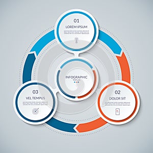 Infographic circle with 3 options, parts. 3-step vector template for business infographics.