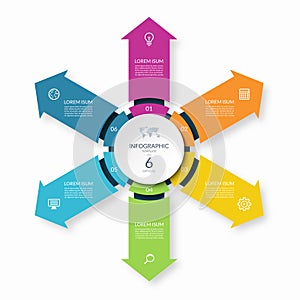 Infographic circle with 6 arrows directed from the center . 6-step colorful vector template for business infographics.