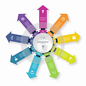 Infographic circle with 9 arrows directed from the center . 9-step colorful vector template for business infographics.