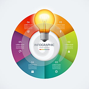 Infographic circle with glowing lightbulb. Creative idea concept with 6 options, steps, parts.