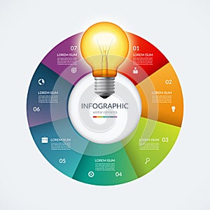 Infographic circle with glowing lightbulb. Creative idea concept with 7 options, steps, parts.