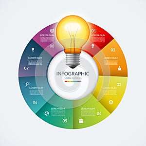 Infographic circle with glowing lightbulb. Creative idea concept with 8 options, steps, parts.