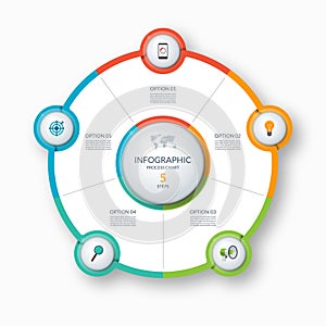 Infographic circle, process chart, cycle diagram. 5 steps. Vector template for business presentation, report, brochure