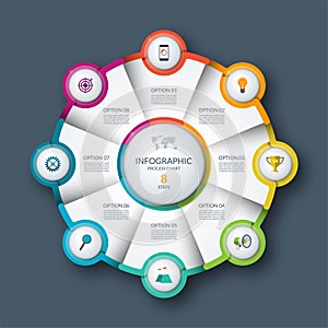 Infographic circle, process chart, cycle diagram. 8 steps. Vector template for business presentation, report, brochure