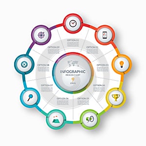 Infographic circle, process chart, cycle diagram. 9 steps. Vector template for business presentation, report, brochure
