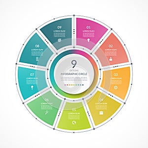 Infographic circle in thin line flat style. Business presentation template with 9 options