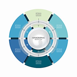 Infographic circular chart divided into 6 parts. Step-by step cycle diagram with six options.