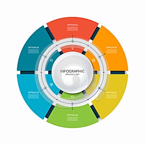 Infographic circular chart divided into 6 parts. Step-by step cycle diagram with six options.