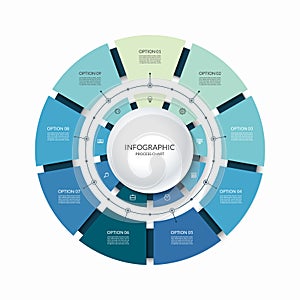 Infographic circular chart divided into 9 parts. Step-by step cycle diagram with nine options.