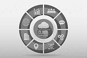 Infographic Cloud computer with network globalizezation Icon on black slice circles. Technology of connections template with