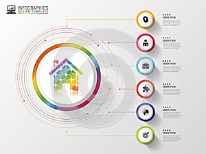 Infographic. Creative abstract house. Colorful circle with icons. Vector illustration