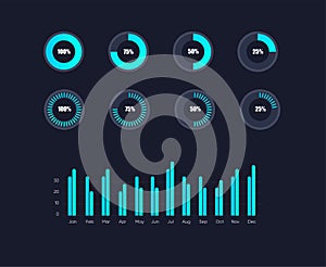 Infographic data graphs. Vector financial and marketing charts. Network data screen with charts and diagrams.