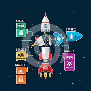 The rocket is illustrated with associated symbols like engines and payloads