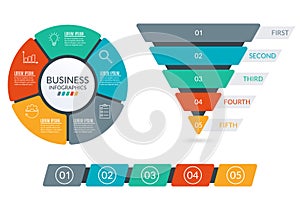 Infographic design elements with circle diagram, Sales and marketing funnel or Business pyramid, Timeline infographics with 5 step