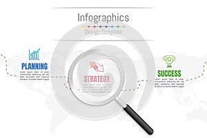 Infographic design elements for your business data with 3 options, parts, steps, timelines or processes and transparent magnifying