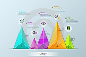 Infographic design layout, bar chart with 5 separate multicolored triangular elements