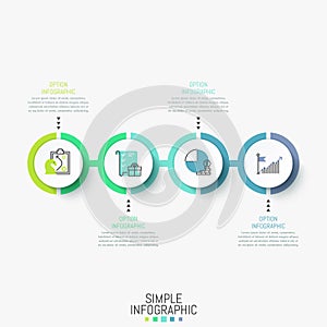 Infographic design layout. Horizontal diagram with 4 round elements successively connected by line, icons and text boxes